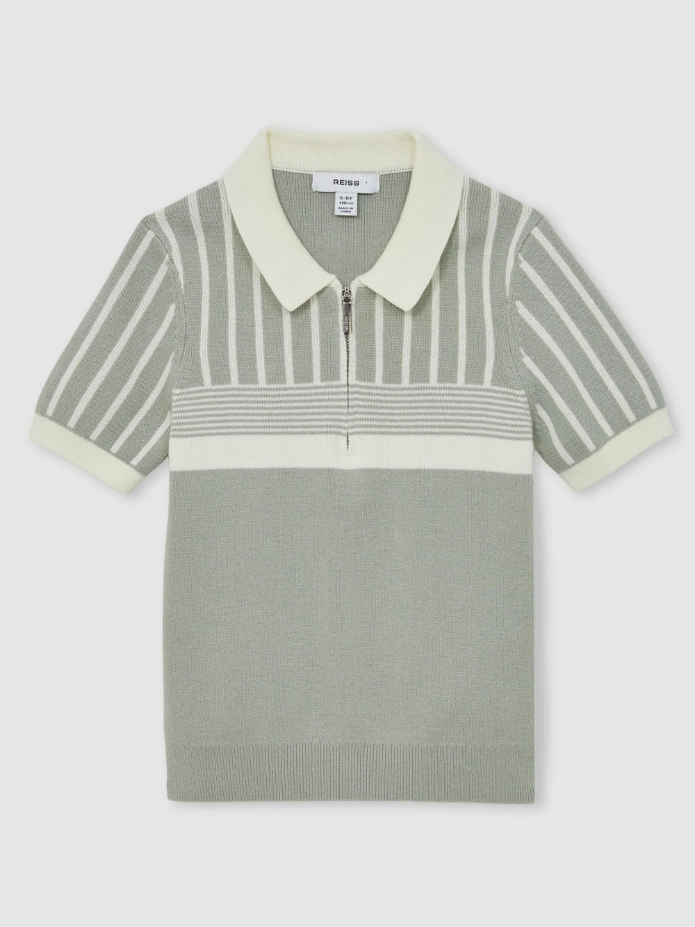 13-14 yrs Cotton Stripe Knit Half-Zip Polo Shirt Sage Green/Off White | Children