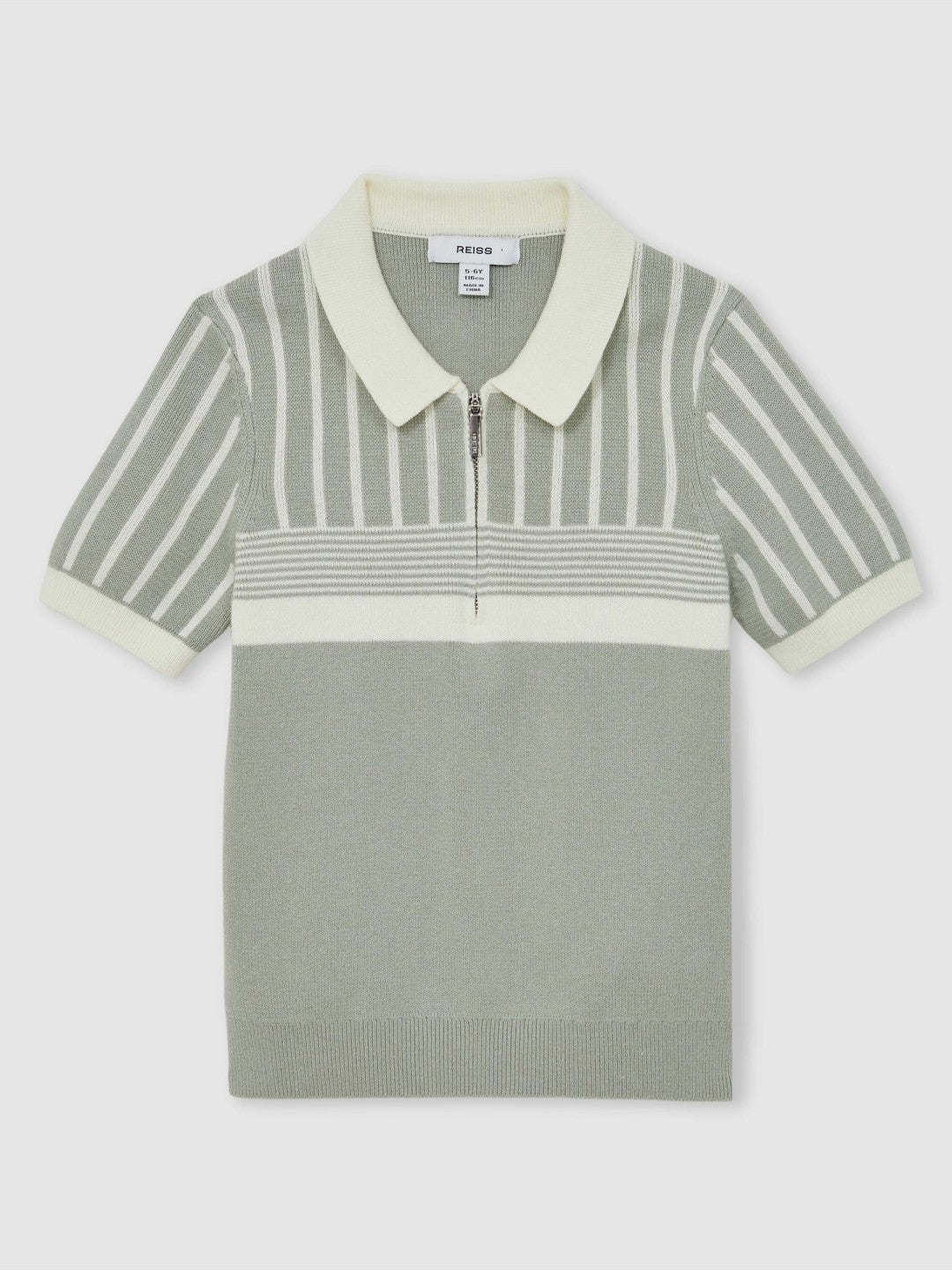 13-14 yrs Cotton Stripe Knit Half-Zip Polo Shirt Sage Green/Off White | Children