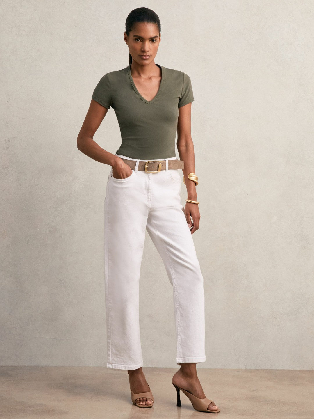 Stretch Cotton V-Neck T-Shirt Khaki Green | Womens