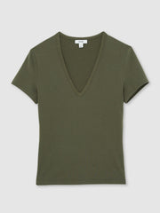Stretch Cotton V-Neck T-Shirt Khaki Green | Womens