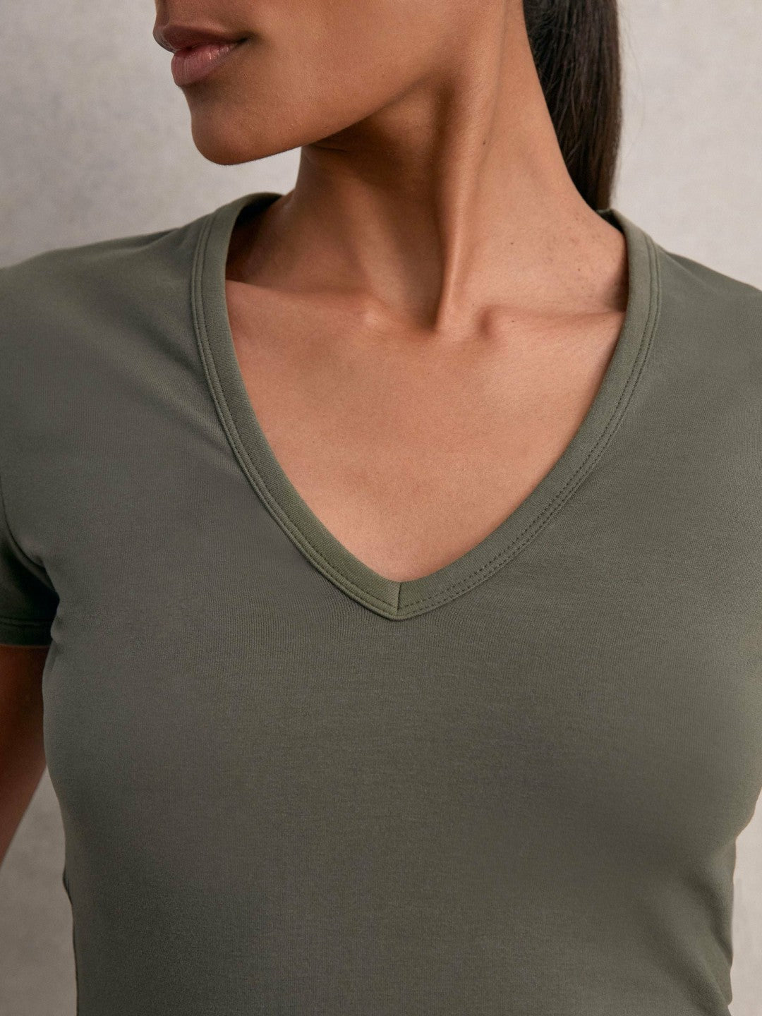Stretch Cotton V-Neck T-Shirt Khaki Green | Womens