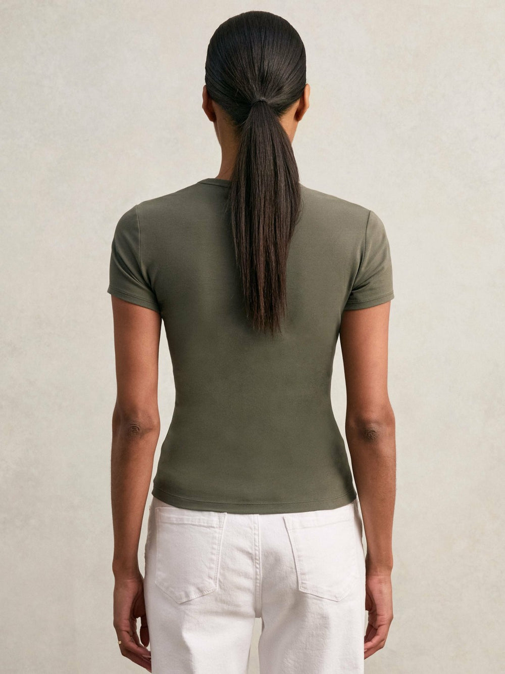 Stretch Cotton V-Neck T-Shirt Khaki Green | Womens