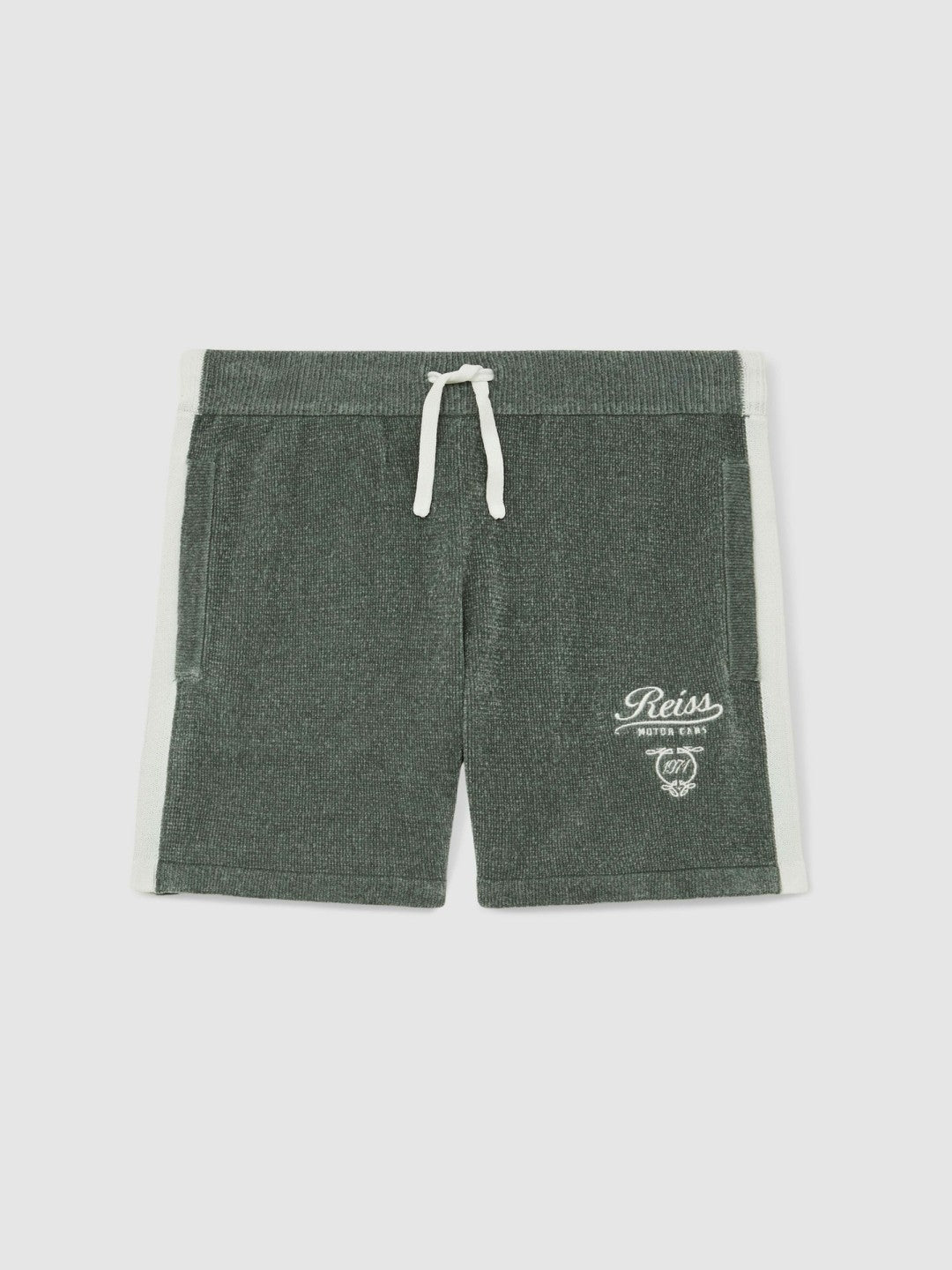 13-14 yrs Chenille Tipped Motor Cars Shorts Dark Sage Green/White | Children