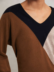 Wool-Blend Colourblock Knit Jumper with Cashmere Toffee Brown/Navy/Neutral | Womens