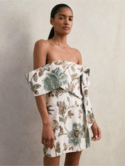 Sculpted Off-Shoulder Floral Mini Dress Linen-Cotton Ivory | Womens