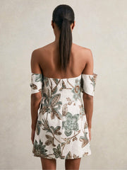 Sculpted Off-Shoulder Floral Mini Dress Linen-Cotton Ivory | Womens