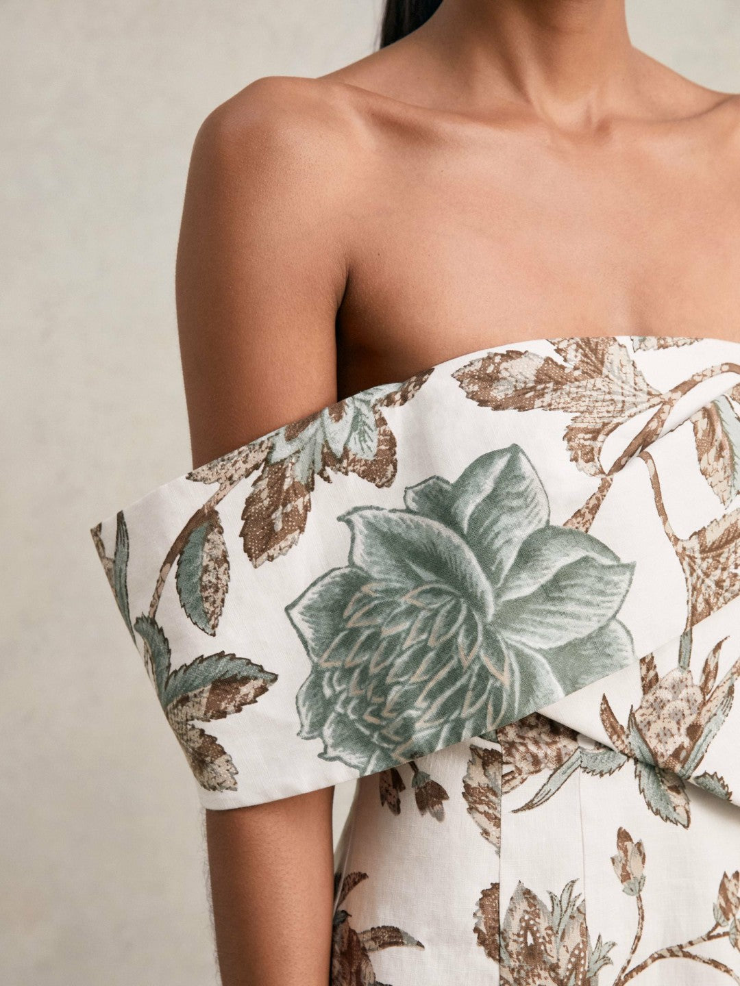 Sculpted Off-Shoulder Floral Mini Dress Linen-Cotton Ivory | Womens