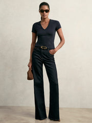Stretch Cotton V-Neck T-Shirt Navy | Womens