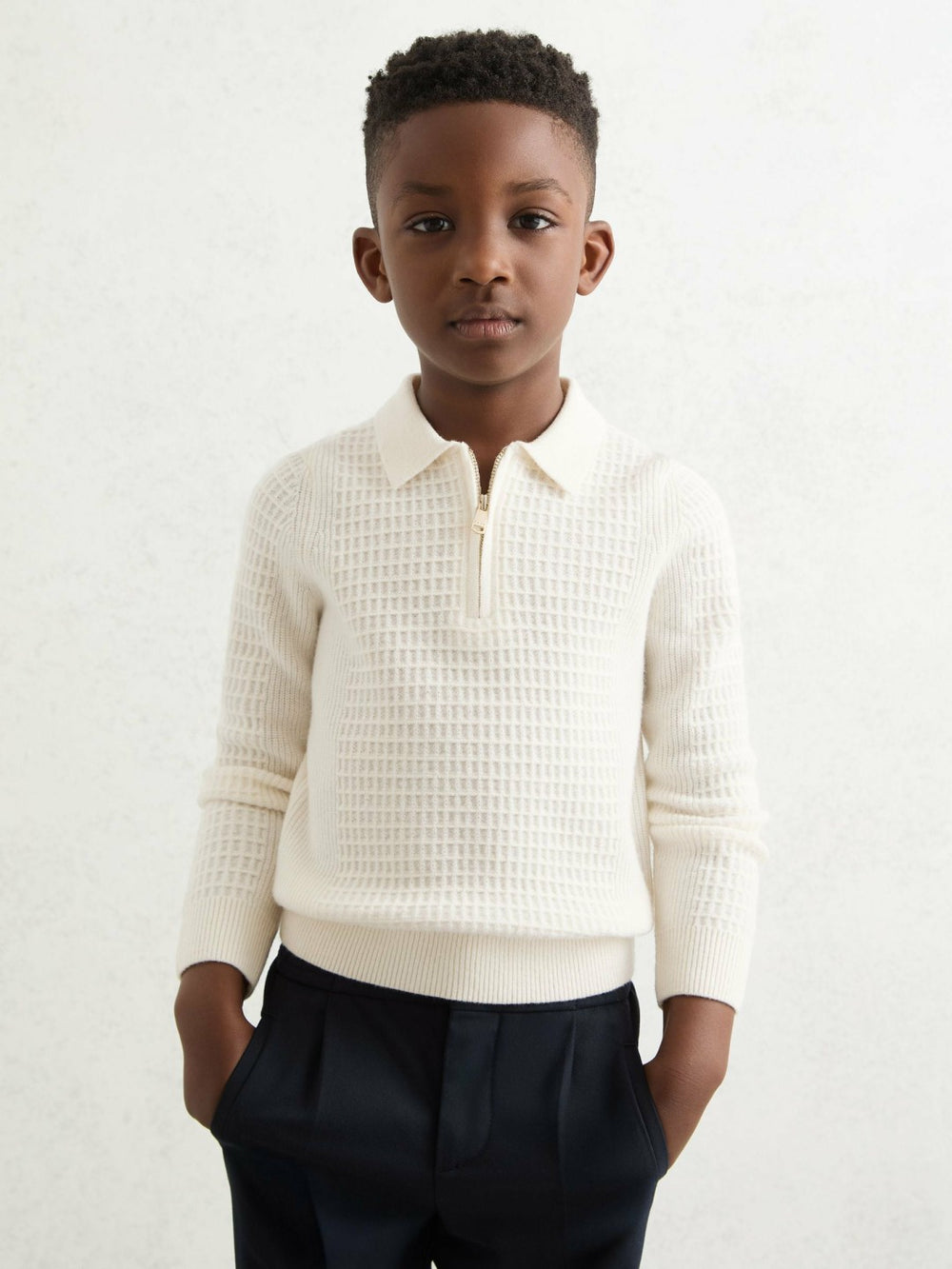13-14 yrs Wool Waffle-Knit Half-Zip Polo Shirt Off White | Children