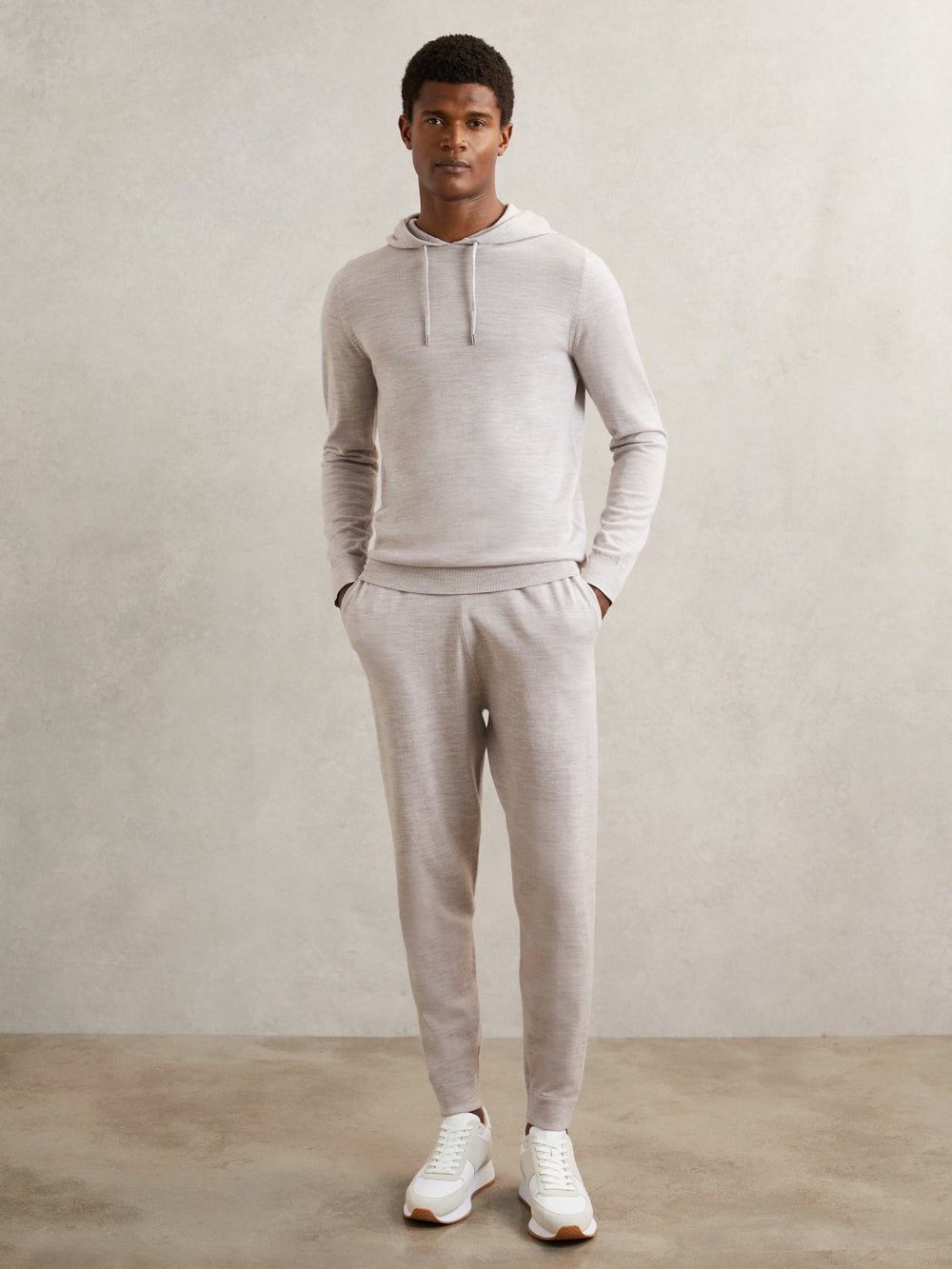Merino Wool Drawstring Hoodie Wicker Brown Melange | Mens
