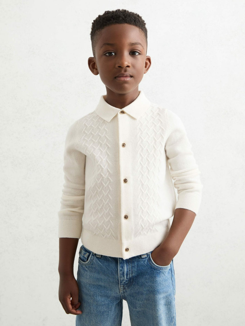 13-14 yrs Wool V-Stitch Button-Through Cardigan Off White | Children