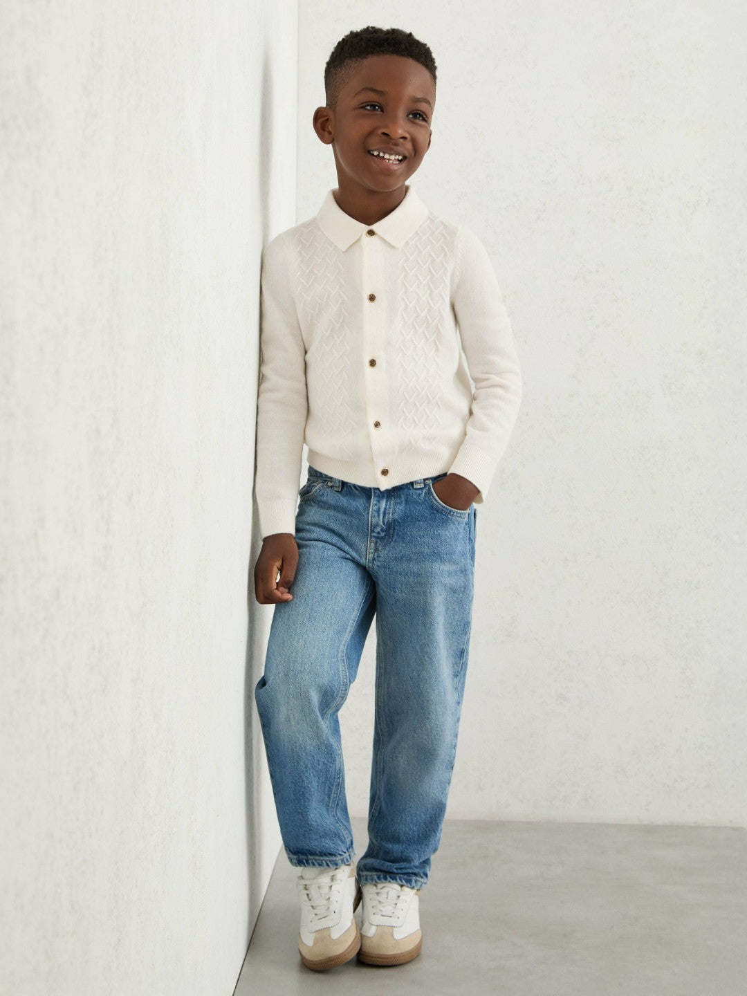 13-14 yrs Wool V-Stitch Button-Through Cardigan Off White | Children
