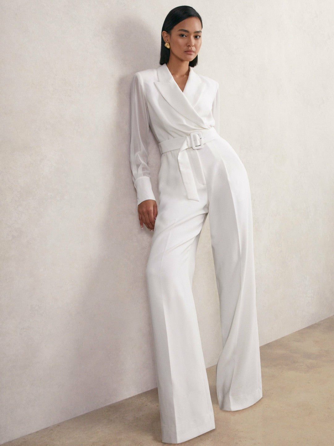Sheer-Sleeve Wide-Leg Tuxedo Jumpsuit Ivory | Womens