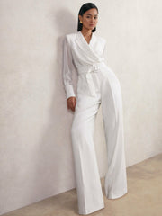Sheer-Sleeve Wide-Leg Tuxedo Jumpsuit Ivory | Womens