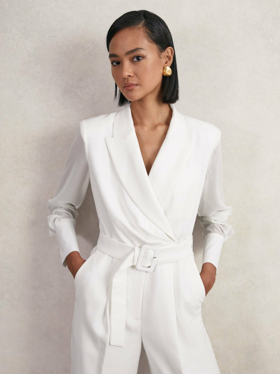 Sheer-Sleeve Wide-Leg Tuxedo Jumpsuit Ivory | Womens