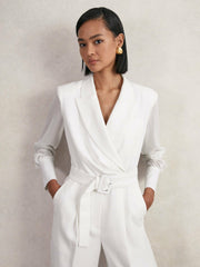 Sheer-Sleeve Wide-Leg Tuxedo Jumpsuit Ivory | Womens