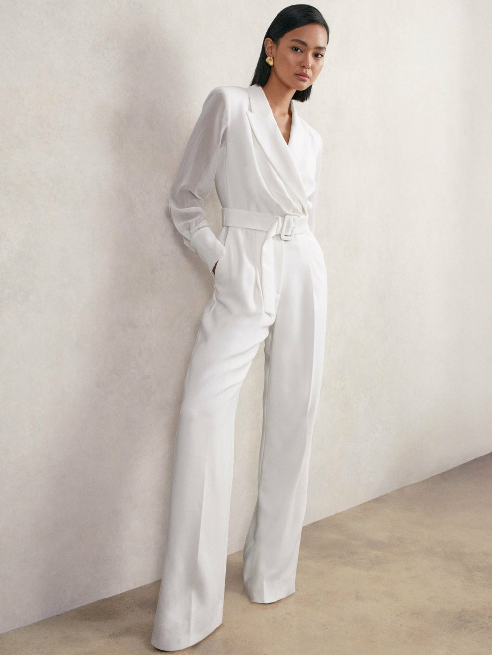 Sheer-Sleeve Wide-Leg Tuxedo Jumpsuit Ivory | Womens