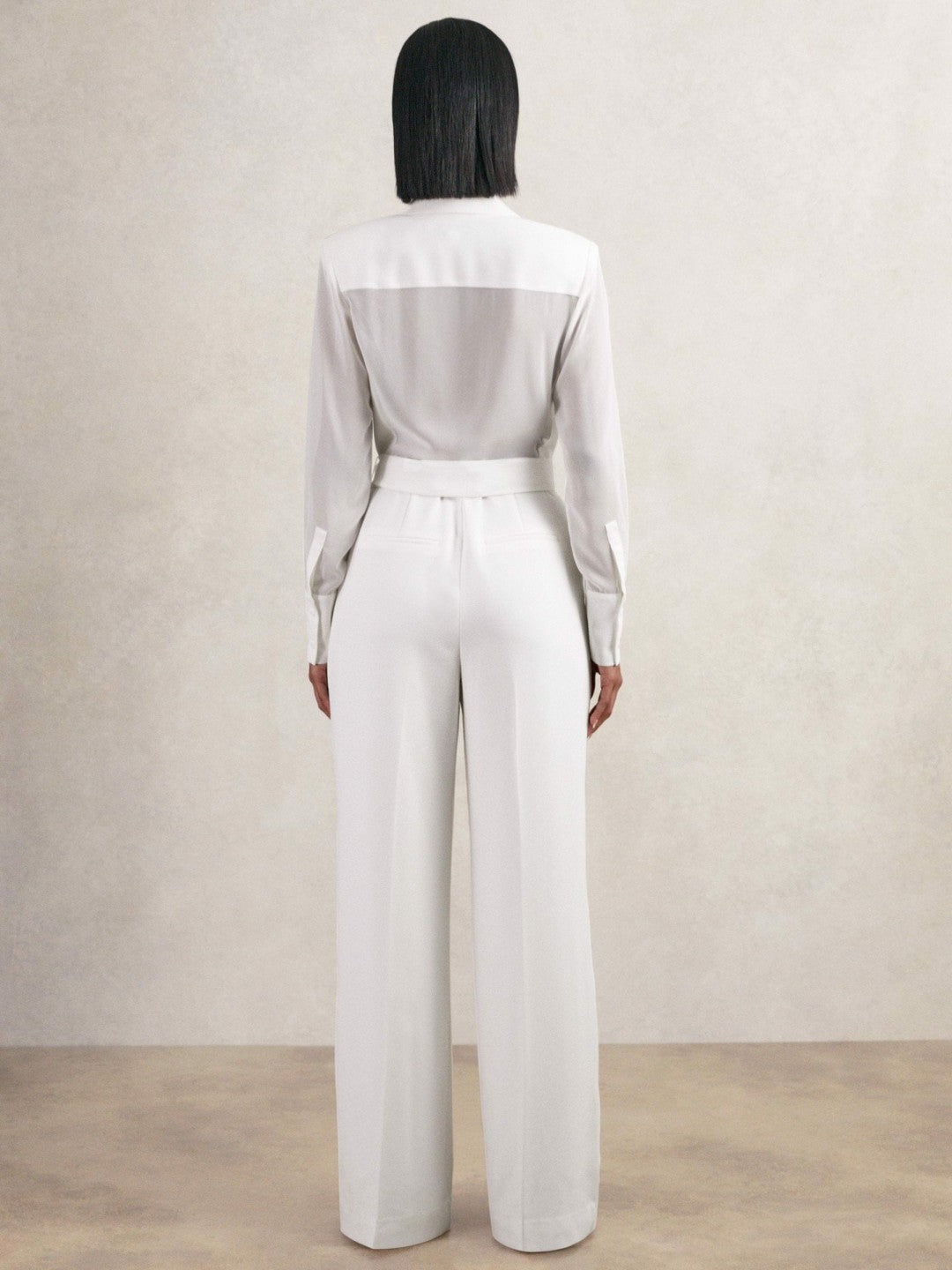 Sheer-Sleeve Wide-Leg Tuxedo Jumpsuit Ivory | Womens