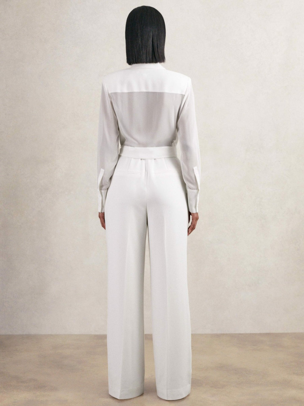 Sheer-Sleeve Wide-Leg Tuxedo Jumpsuit Ivory | Womens