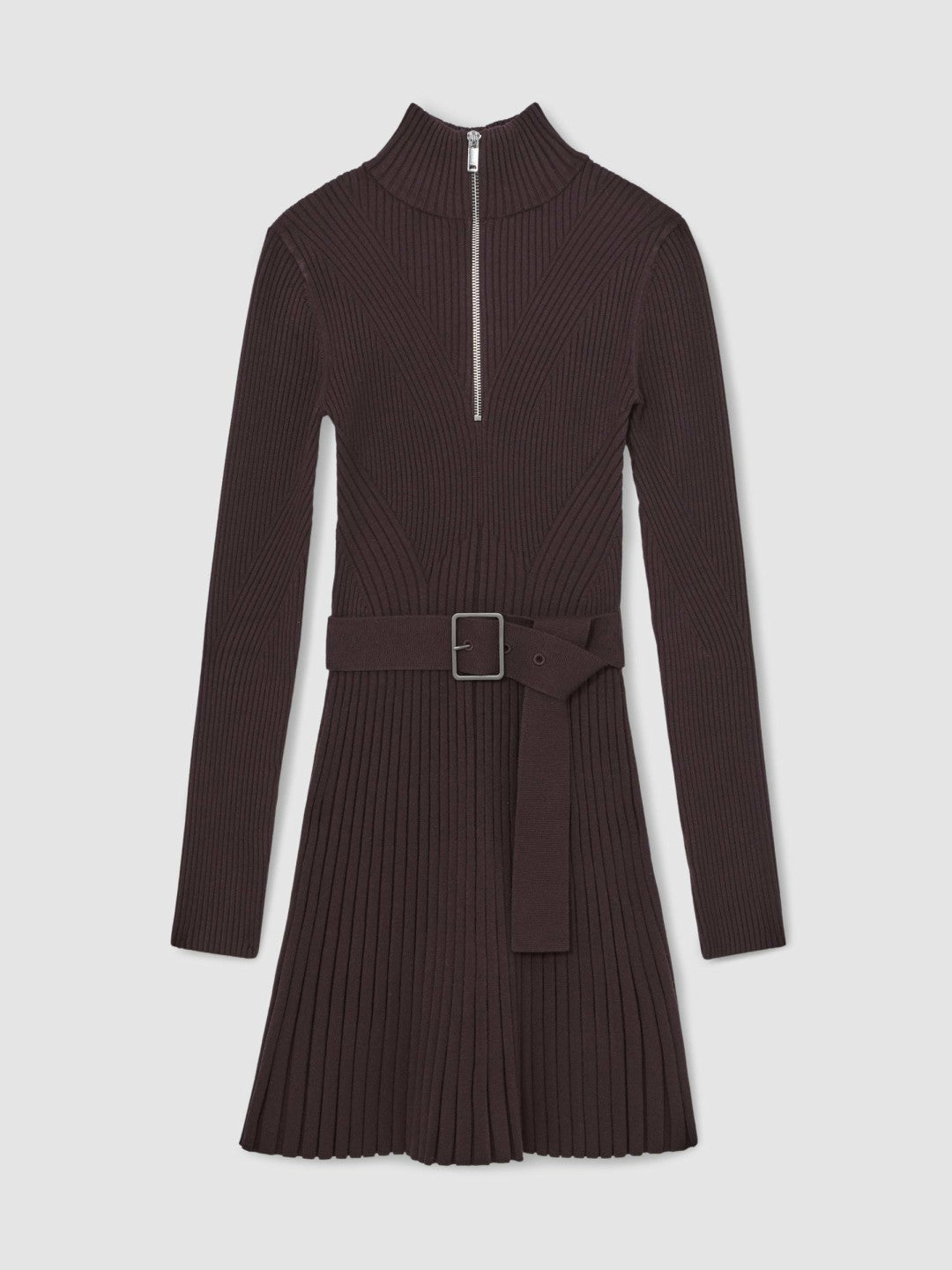 Rib-Knit Belted Half-Zip Flippy Dress Plum Purple | Womens