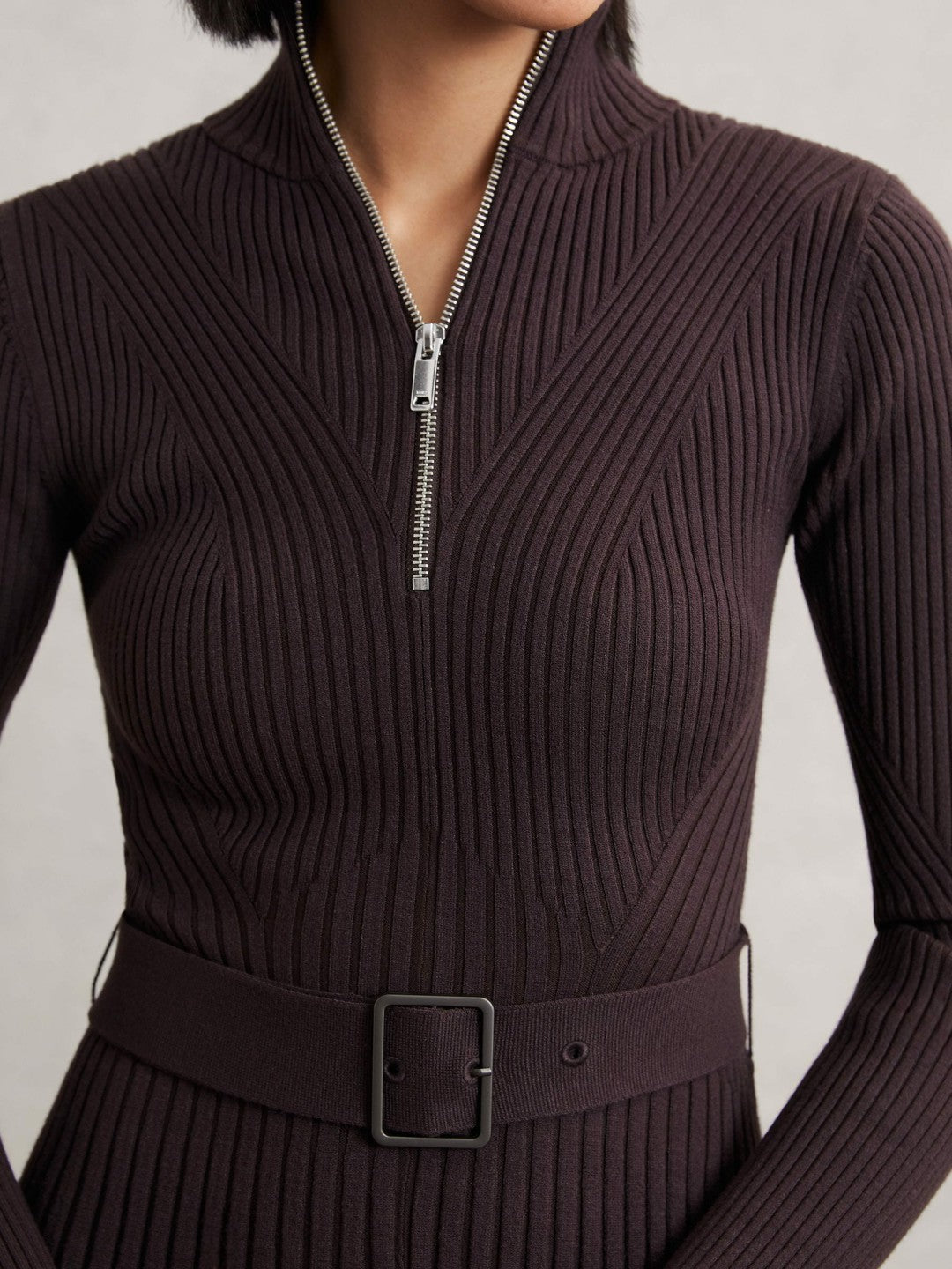 Rib-Knit Belted Half-Zip Flippy Dress Plum Purple | Womens