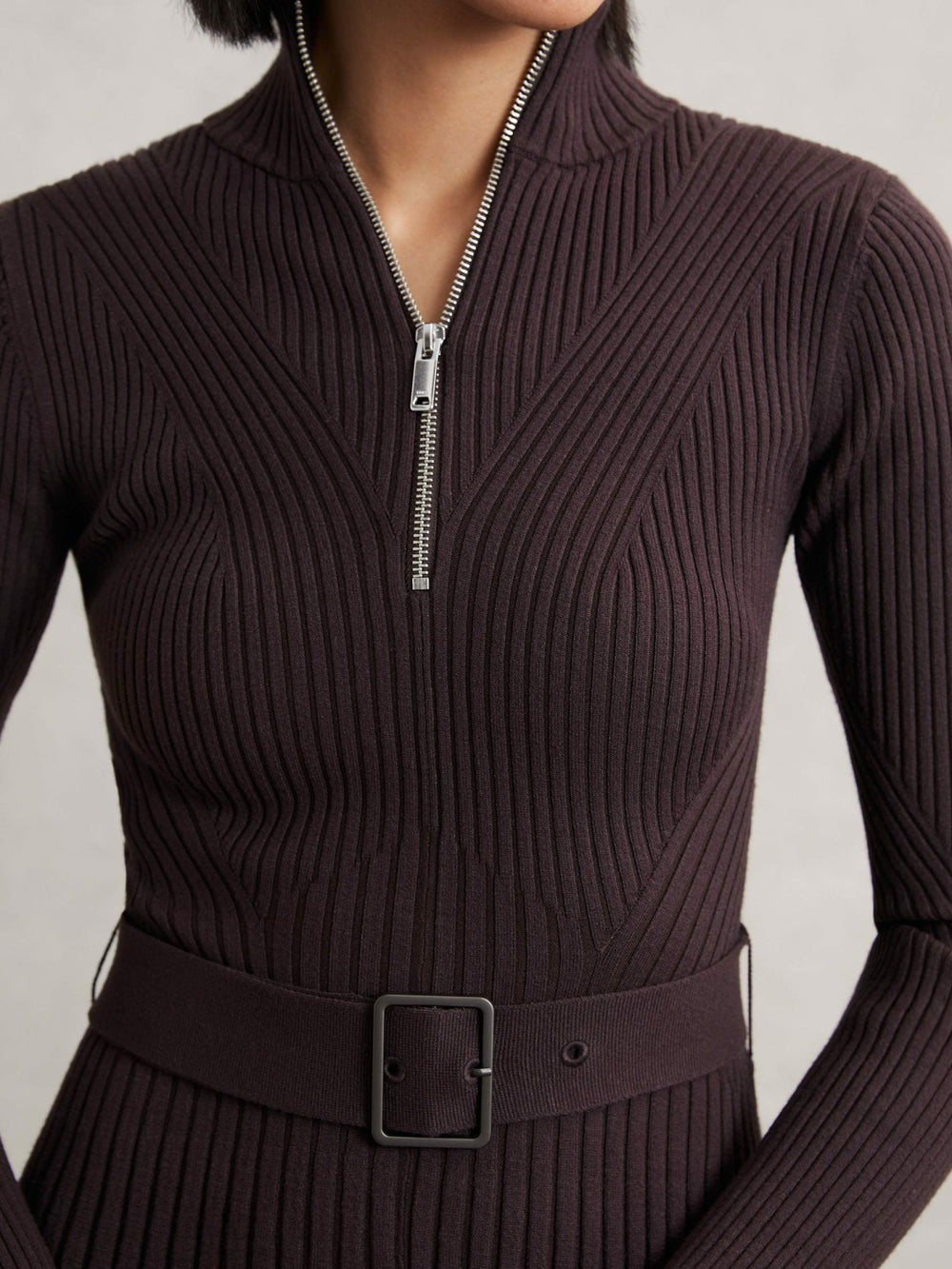 Rib-Knit Belted Half-Zip Flippy Dress Plum Purple | Womens