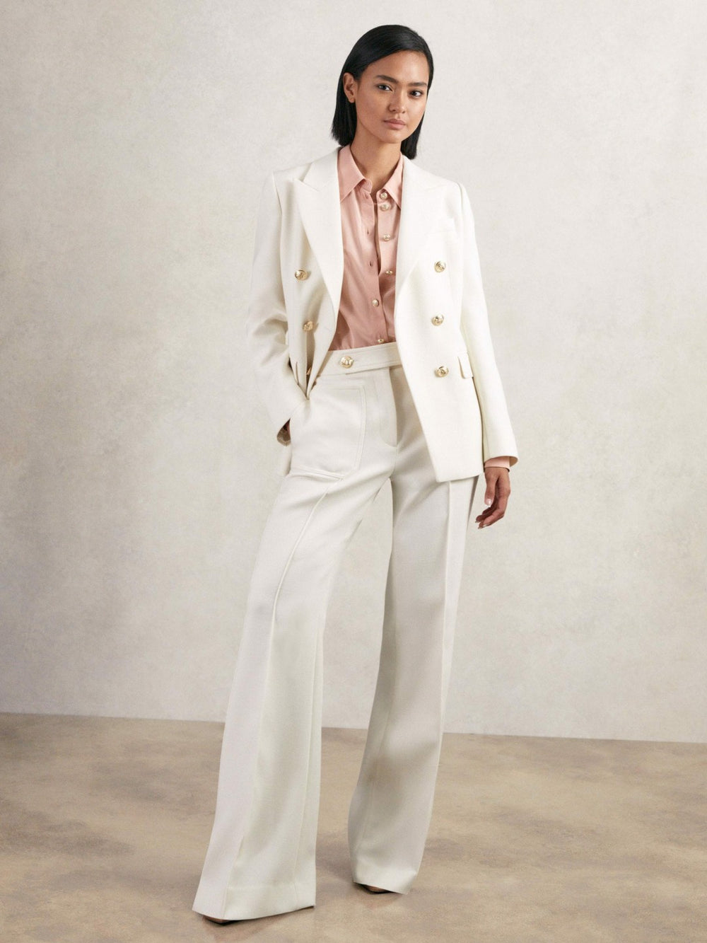 Double-Breasted Twill Suit Blazer With Wool White | Womens