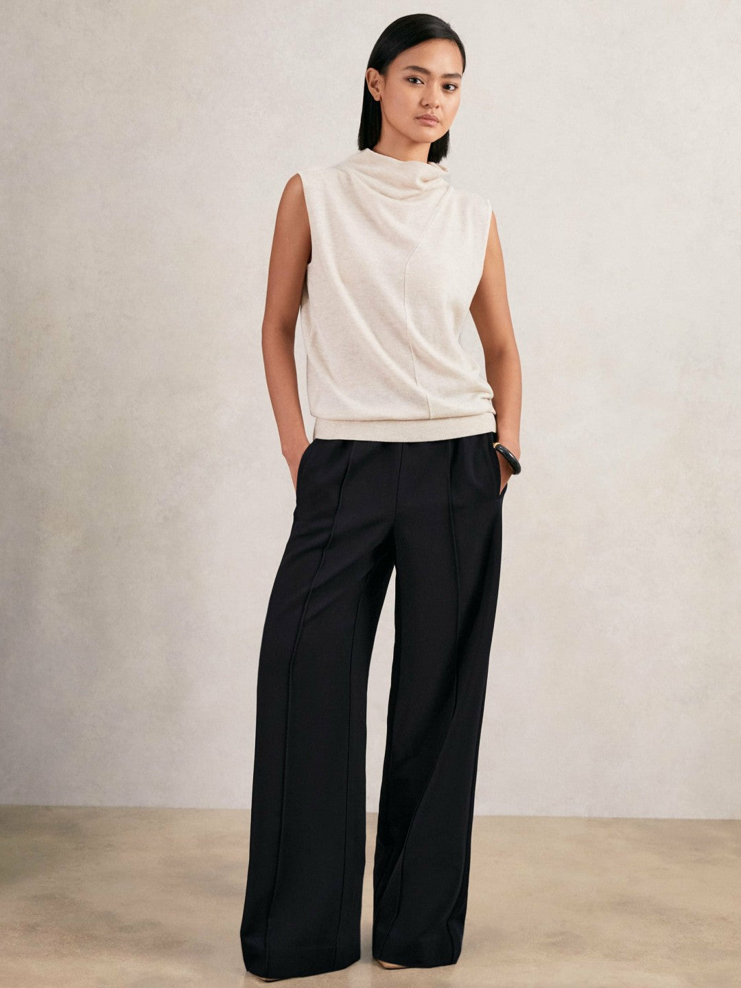 Petite Wide Leg Elasticated Waist Trousers Navy | Womens
