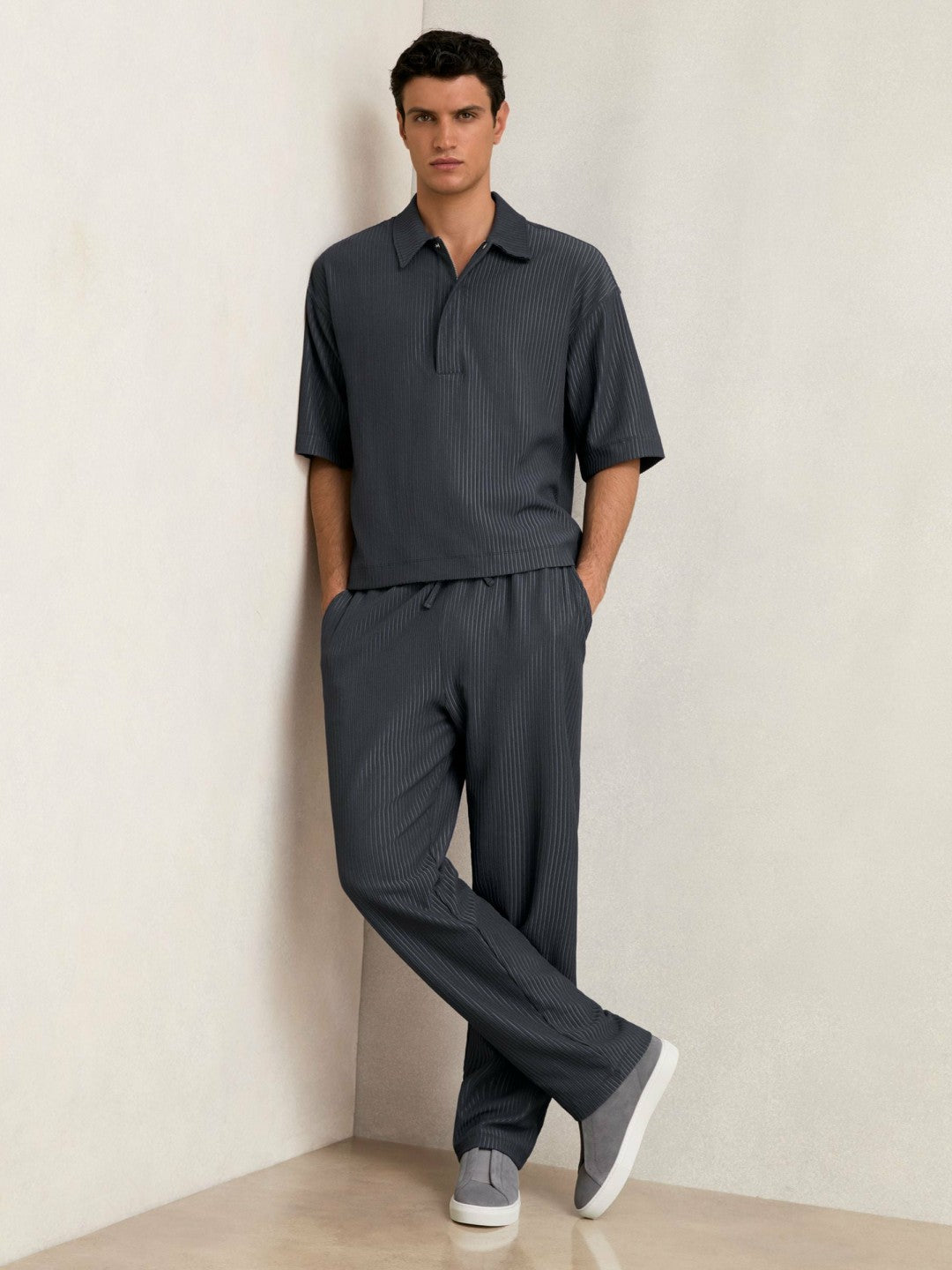 Textured Stripe Drawstring Trousers Petrol Blue | Mens