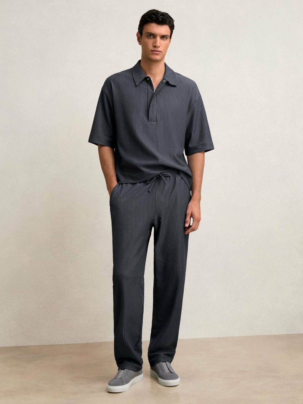 Textured Stripe Drawstring Trousers Petrol Blue | Mens