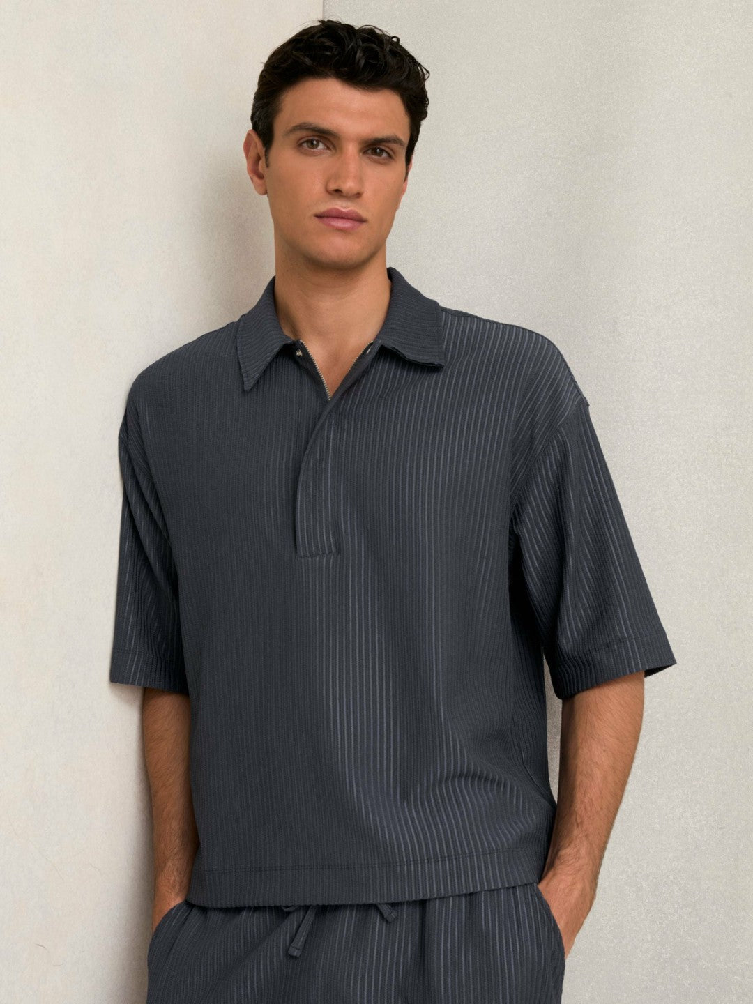 Oversized Textured Stripe Polo Shirt Petrol Blue | Mens