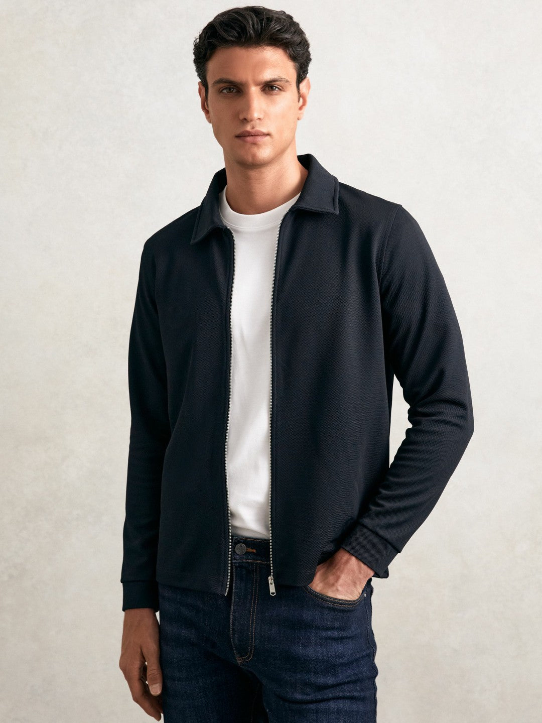 Textured Zip Through Overshirt Navy | Mens