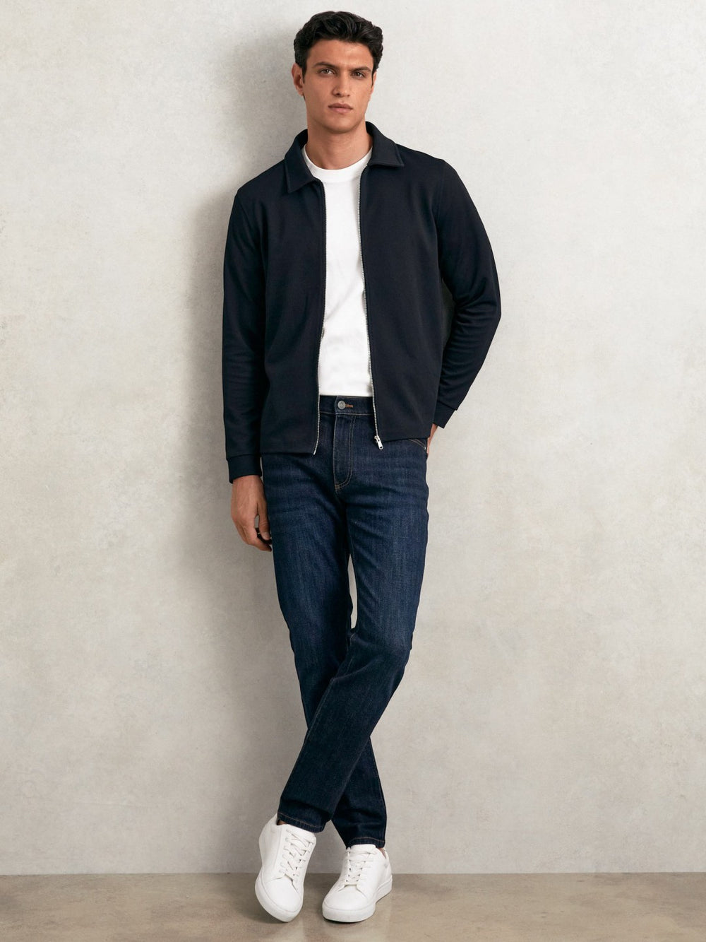 Textured Zip Through Overshirt Navy | Mens