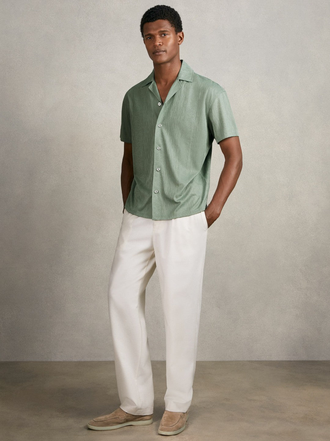 Jacquard-Stripe Cuban-Collar Shirt Mint Green | Mens