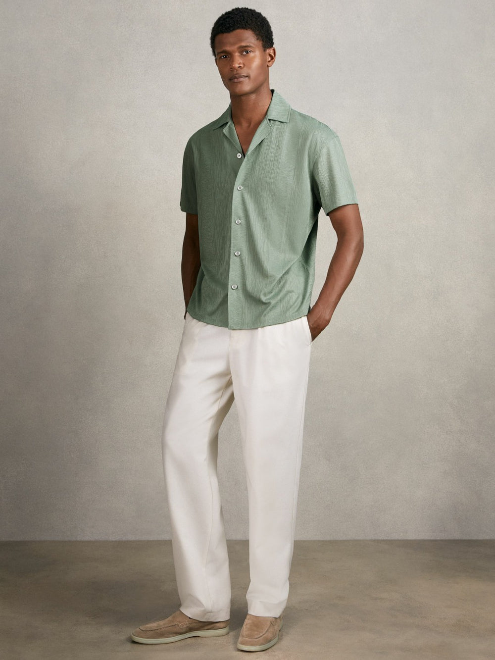 Jacquard-Stripe Cuban-Collar Shirt Mint Green | Mens