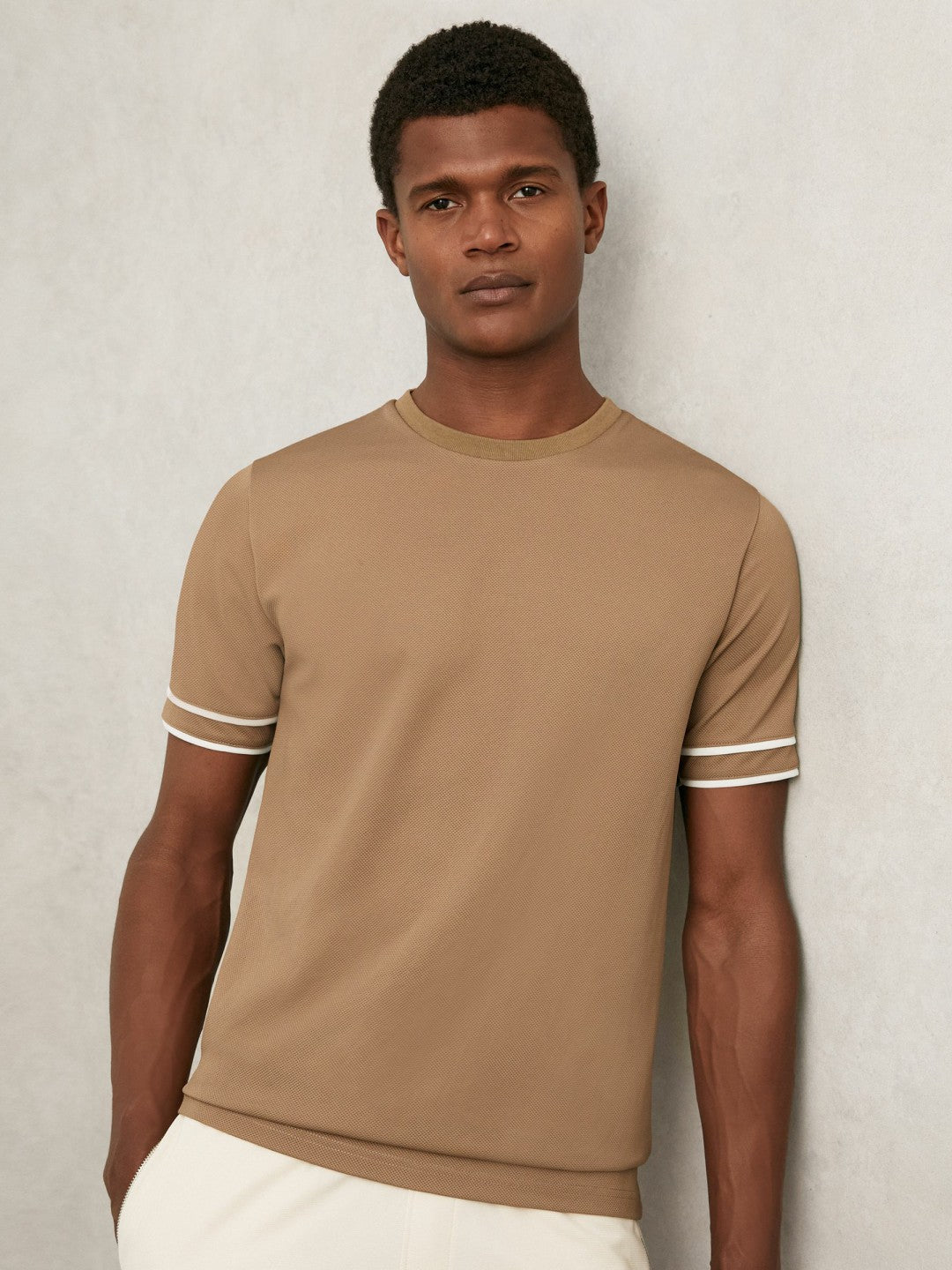 Textured Crew-Neck Tipped T-Shirt Camel Brown | Mens