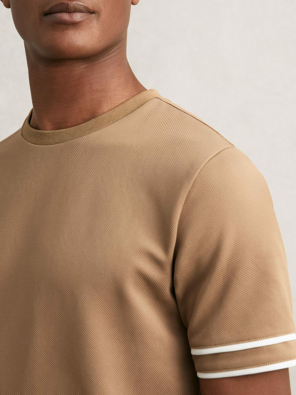 Textured Crew-Neck Tipped T-Shirt Camel Brown | Mens