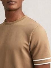 Textured Crew-Neck Tipped T-Shirt Camel Brown | Mens