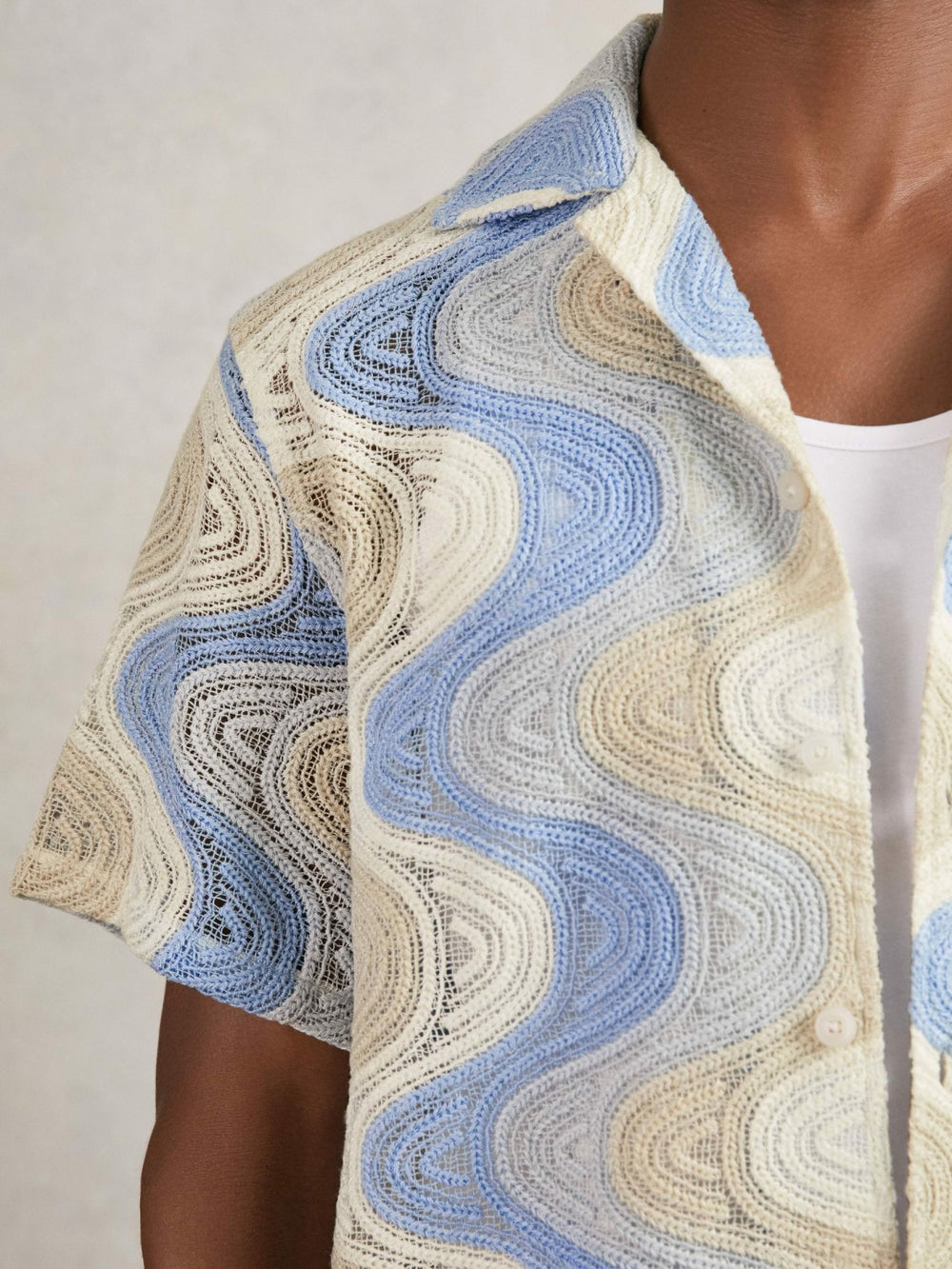 Wave Crochet Cuban Collar Shirt Blue Multi | Mens