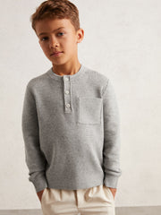 13-14 yrs Cotton-Blend Rib-Knit Henley Top Mid Grey Melange | Children
