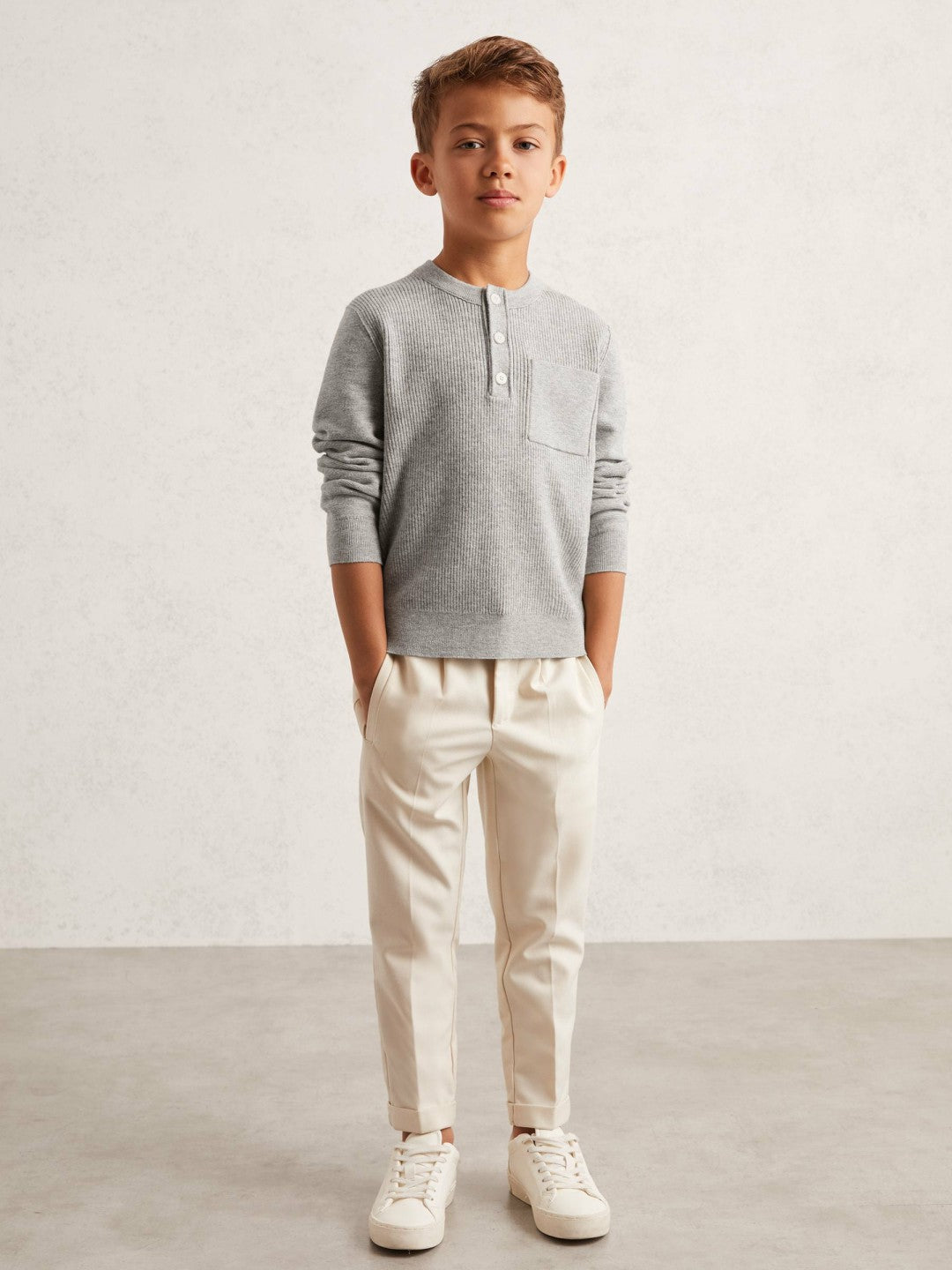 3-9 yrs Cotton-Blend Rib-Knit Henley Top Mid Grey Melange | Children
