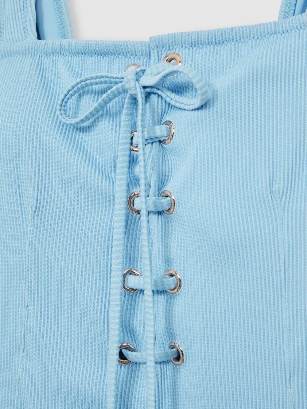 Ribbed Lace-Up Swimsuit Blue | Womens
