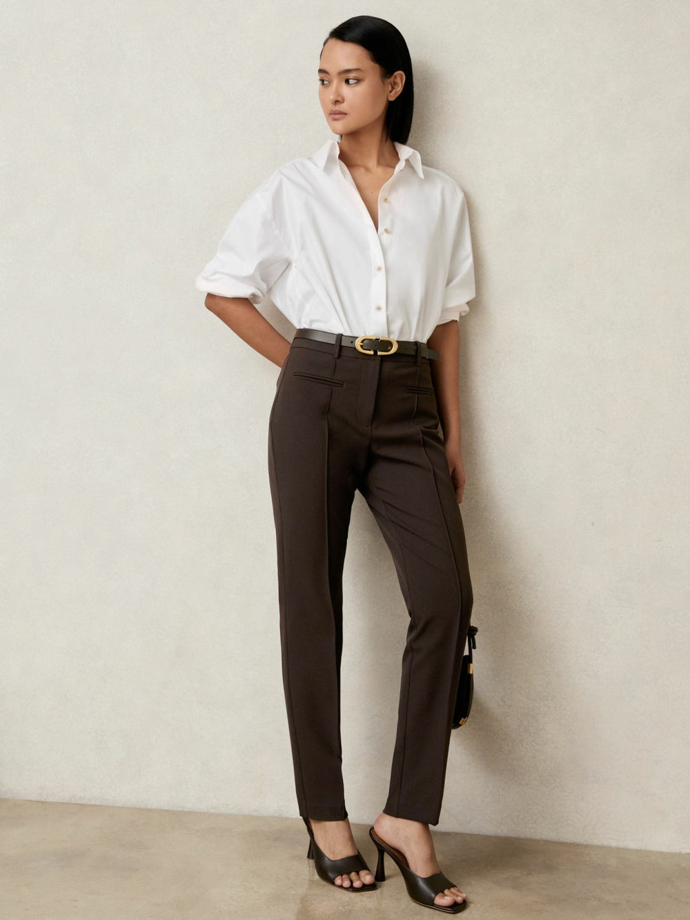 Petite Pintuck Tapered Trousers Chocolate Brown | Womens