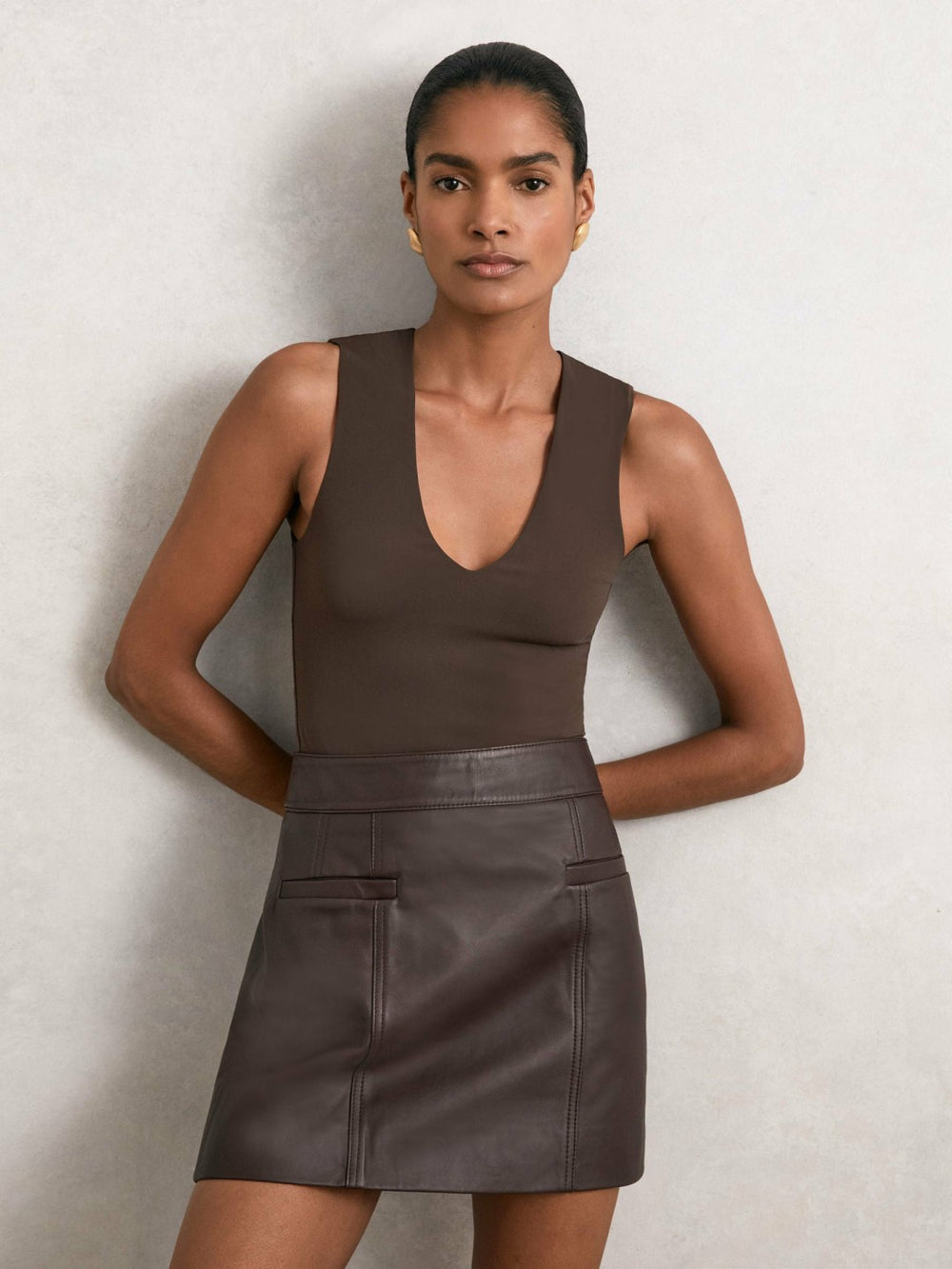 V-Neck Sleeveless Bodysuit Chocolate Brown | Womens