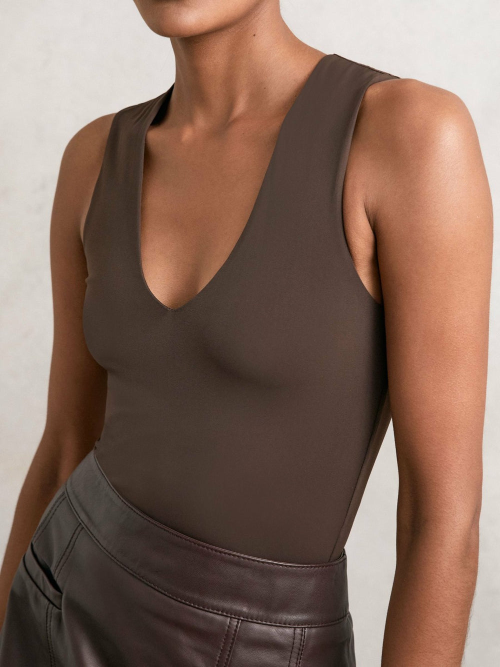 V-Neck Sleeveless Bodysuit Chocolate Brown | Womens