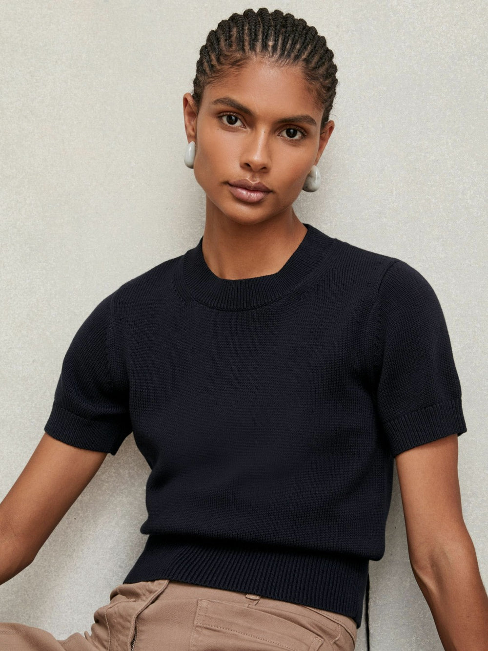 Cotton And Wool Crew-Neck Top Navy | Womens