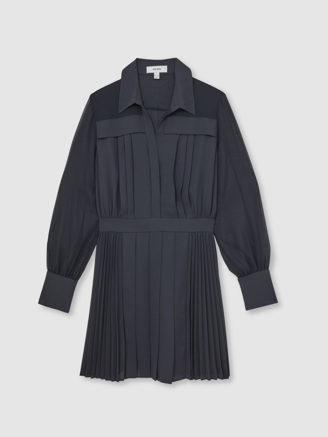 Pleated Sheer-Sleeve Mini Dress Navy | Womens