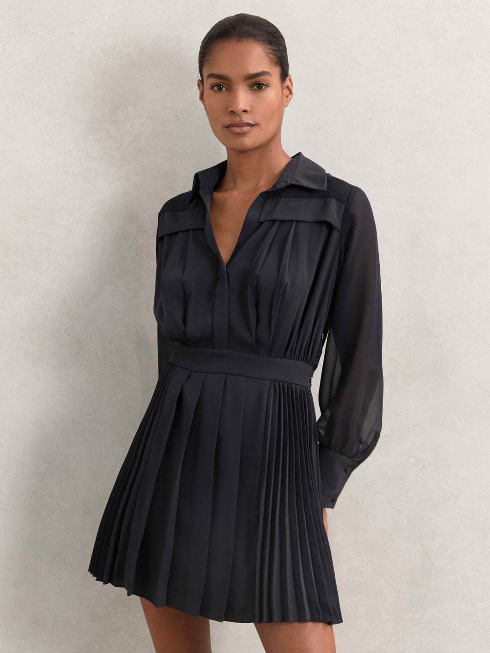 Pleated Sheer-Sleeve Mini Dress Navy | Womens