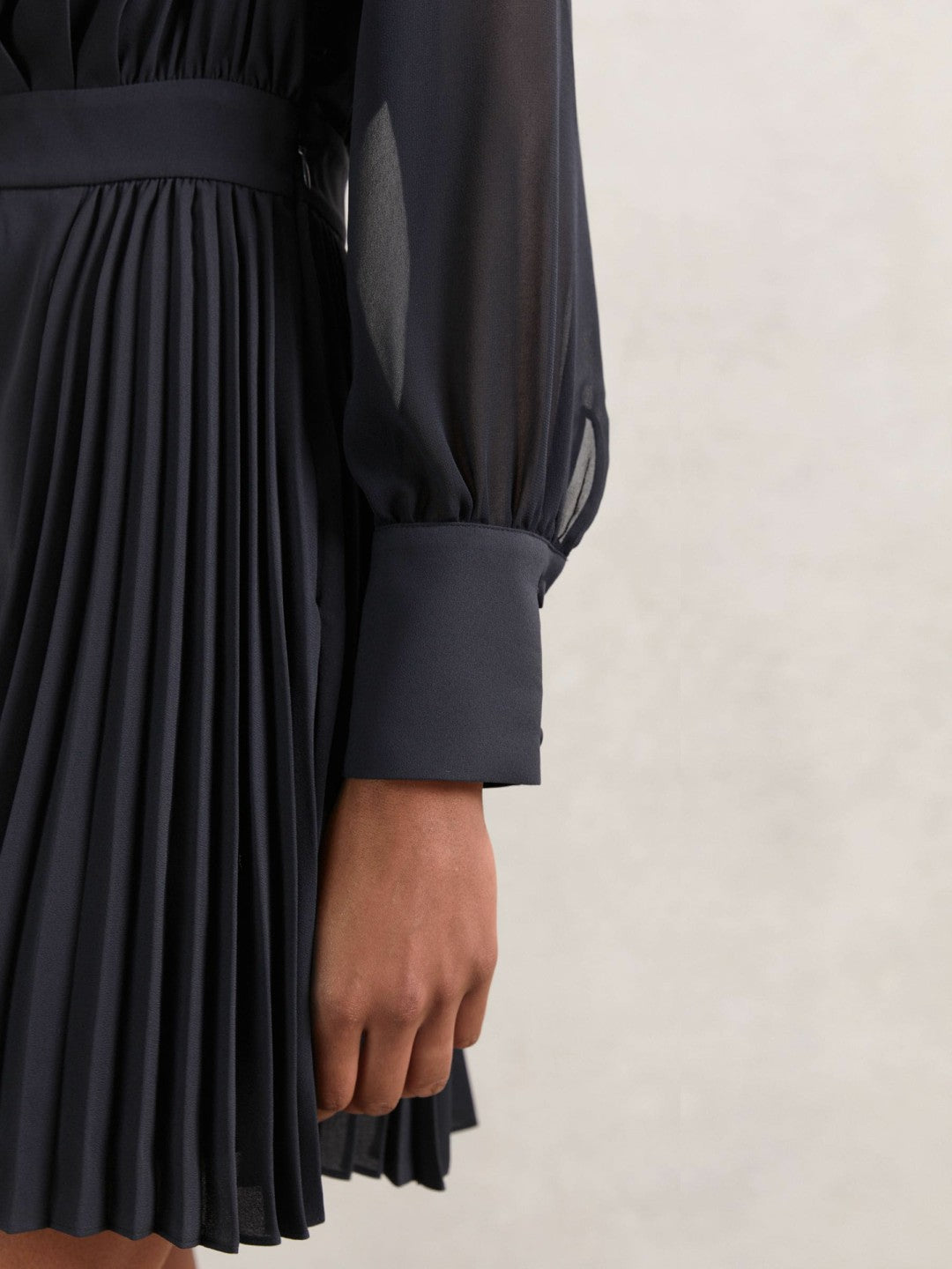 Pleated Sheer-Sleeve Mini Dress Navy | Womens