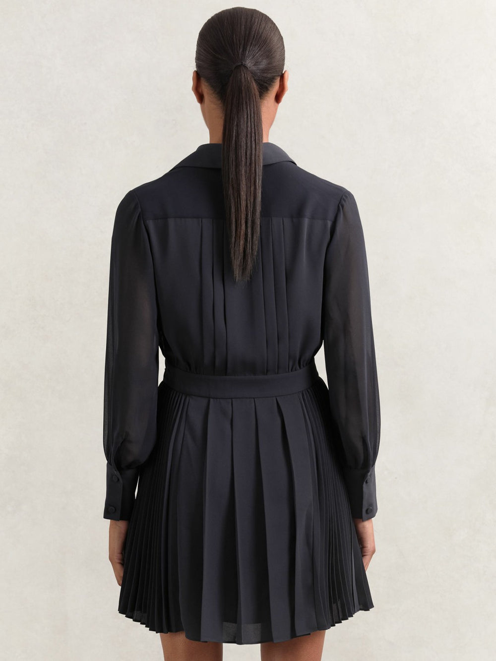 Pleated Sheer-Sleeve Mini Dress Navy | Womens